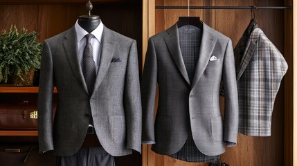 Three Grey Suits Hanging in a Closet