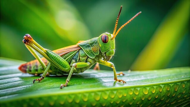 Extreme close-up of grasshopper on green leaf, blurred background