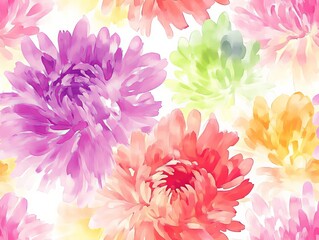 Fototapeta premium Seamless pattern of a Chrysanthemum colorful floral background featuring a variety of vibrant flowers in soft watercolor style.