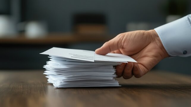 Hand holding paperwork over a stack of documents on a wooden table.