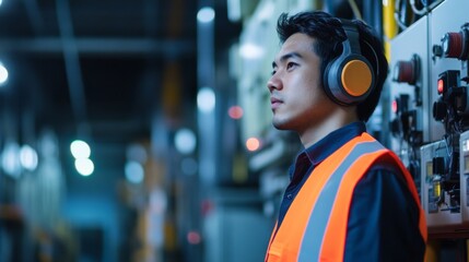 An Asian Male Industrial Worker Wearing Safety Gear and Headphones