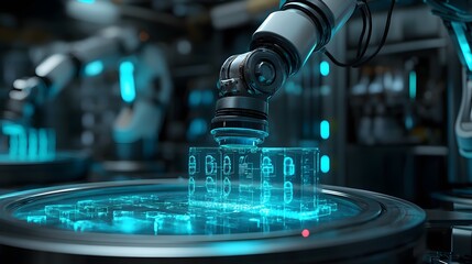 Automated quality control using X-ray beams to inspect food packages, defects outlined in holographic displays, sleek metallic robot arms, sci-fi setting, 3D illustration