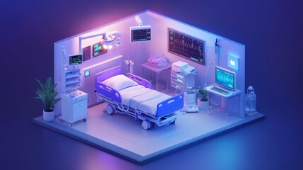 Isometric hospital room with advanced medical devices, soft ambient lighting, high-resolution digital art, minimalistic furniture, patient bed, detailed heart monitor