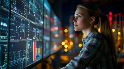 Young Woman in a Control Room Looking at Monitors