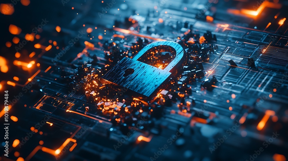 Poster A digital padlock on a circuit board with glowing lines and particles, symbolizing data security and digital protection.