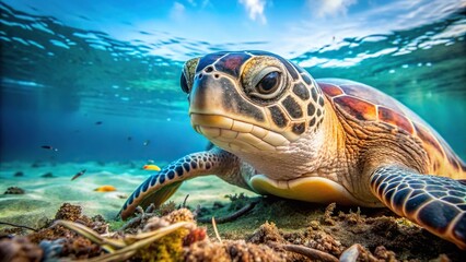 Fototapeta premium Extreme close-up of polluted ocean water with sea turtle swimming