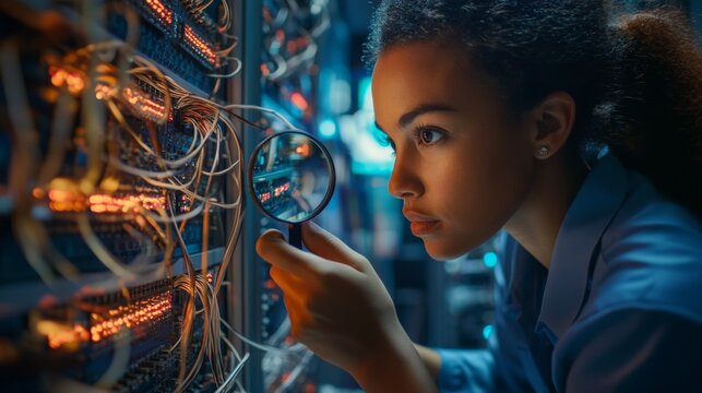 A Woman Using a Magnifying Glass to Inspect Server Racks