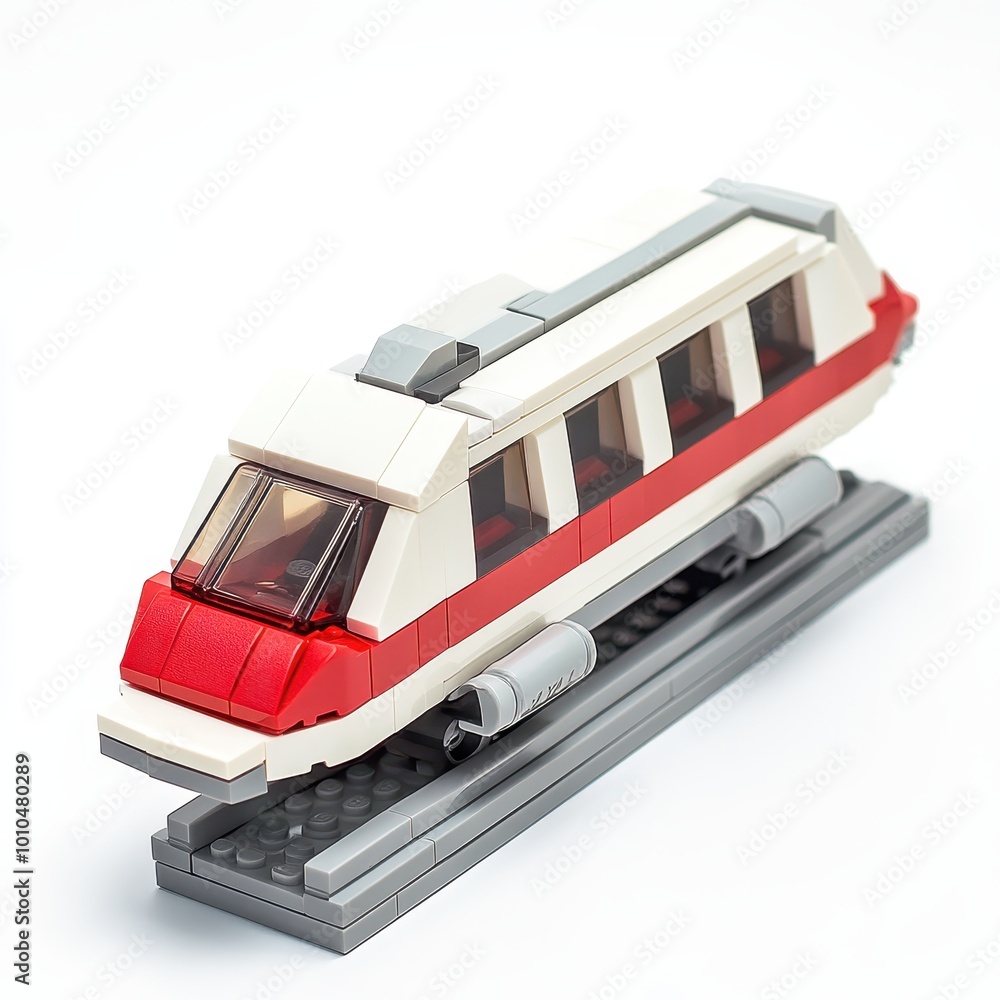 Poster a model train crafted from building blocks, showcasing a sleek design and rail track.