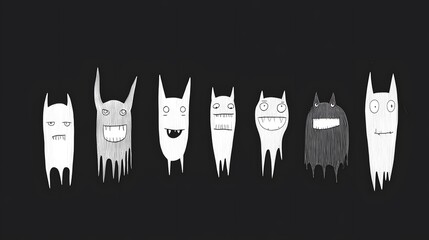 A lineup of quirky, hand-drawn, cartoonish monster characters.