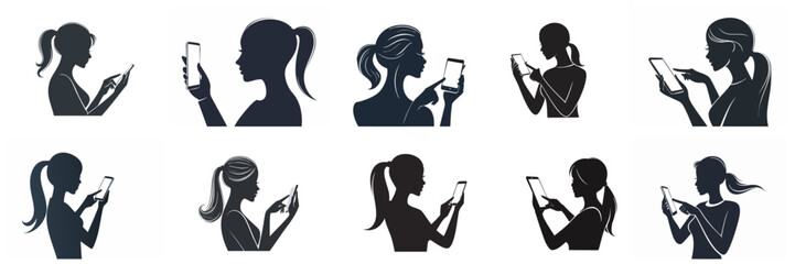 Silhouette Collection of Women's Hand Gestures Touching Smartphones