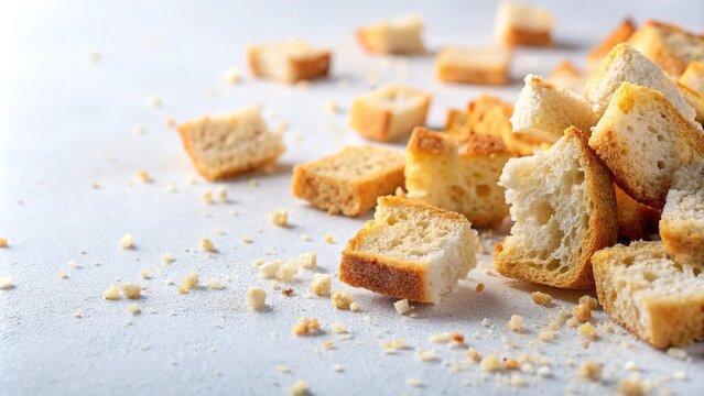 Extreme close-up of scattered white bread rusks crumbs on light background