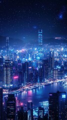 Night cityscape with skyscrapers and neon lights 