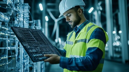 A worker wearing a hard hat and safety vest inspects data on a digital tablet in a large industrial facility.