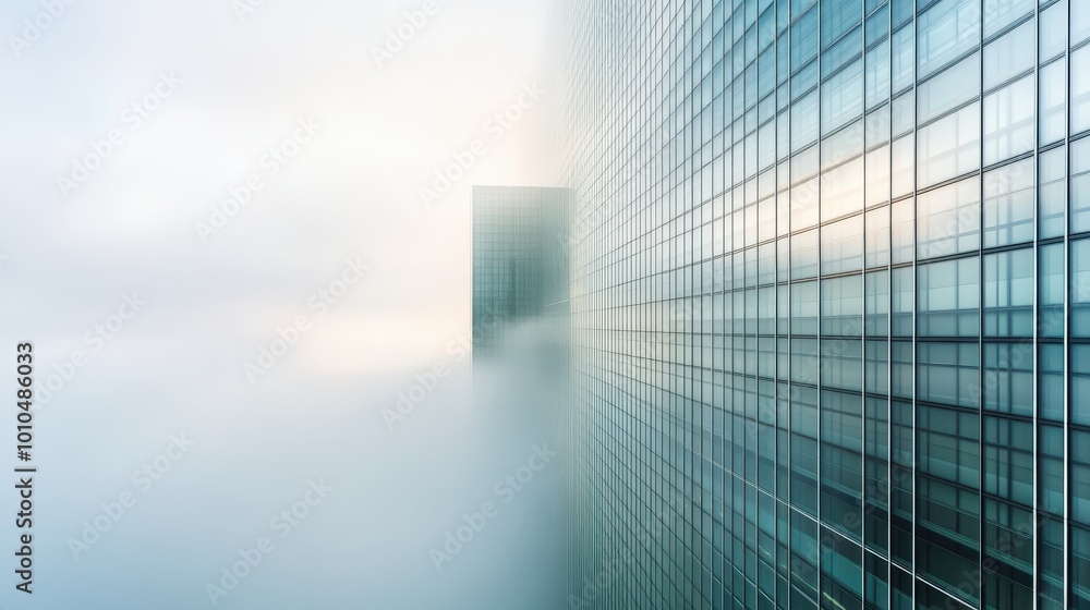 Poster a modern glass building partially obscured by fog, creating a mysterious atmosphere.