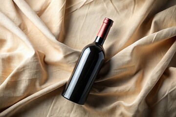 Naklejka premium Extreme close-up of wine bottle with blank label next to apple and pears on light beige cotton cloth background, minimalistic mockup