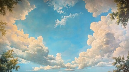 A painted sky with fluffy clouds and green trees © Faizatun