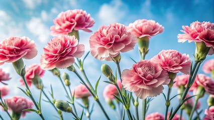 Fototapeta premium Extreme close-up photo of delicate dance of carnations against the sky