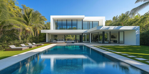 Au&szlig;enansicht einer erstaunlichen modernen, minimalistischen kubischen Luxusvilla mit gro&szlig;em Swimmingpool und Palmen.