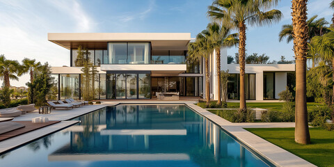 Fototapeta premium Außenansicht einer erstaunlichen modernen, minimalistischen kubischen Luxusvilla mit großem Swimmingpool und Palmen.