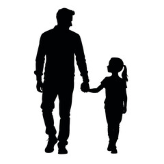 a man with her little daughter holding hand together and walking looking forward isolated white background