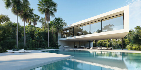 Fototapeta premium Außenansicht einer erstaunlichen modernen, minimalistischen kubischen Luxusvilla mit großem Swimmingpool und Palmen.