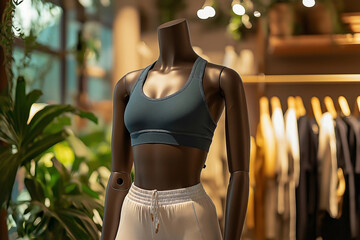 A mock-up of a plain woman’s dark slate blue tight sports bra paired with white short yoga pants displayed on a mannequin in a shop setting