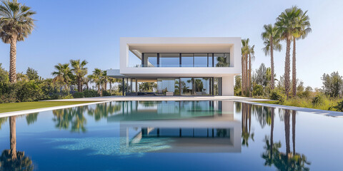 Fototapeta premium Außenansicht einer erstaunlichen modernen, minimalistischen kubischen Luxusvilla mit großem Swimmingpool und Palmen.