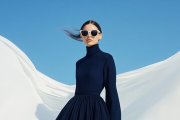 Brunette model posing with white sunglasses and blue sky