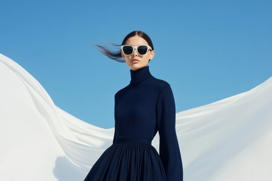 Brunette model posing with white sunglasses and blue sky