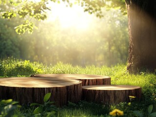 2408 5.A wooden podium made from thick tree trunks is placed in the middle of a sunlit farm with bright green grass surrounding it. The podium is ready to display products such as perfumes or food,
