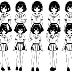Classic Anime Style: School Girl with Cute Expressions and Poses