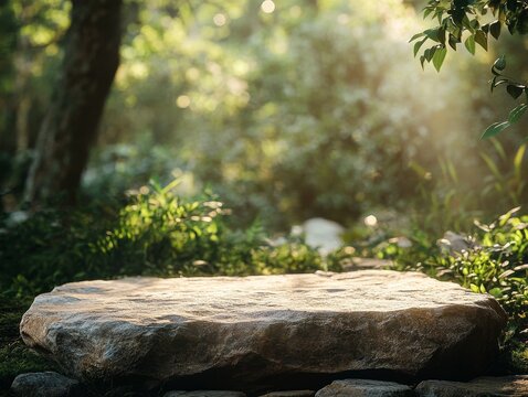 2408 14.A stone podium with a smooth surface is placed in a forest clearing, surrounded by greenery and bathed in soft, warm sunlight. The blurred natural backdrop and soft shadows create an inviting