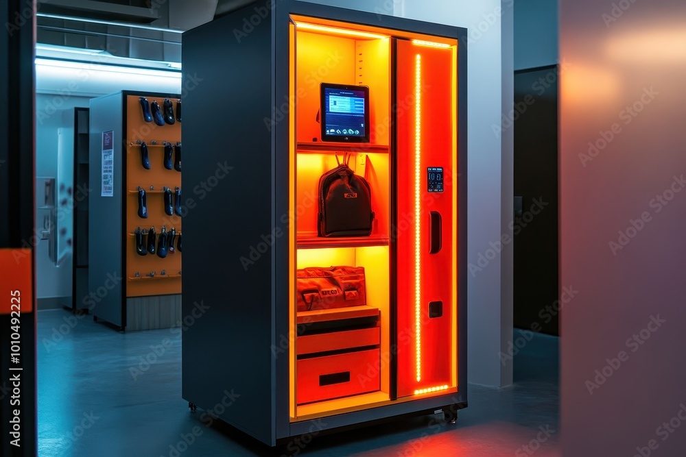 Poster a modern vending machine with illuminated sections for various items.