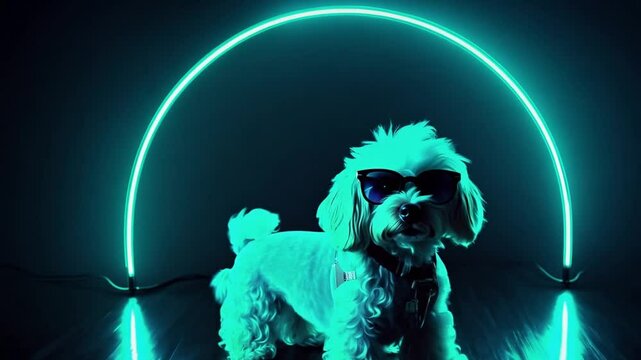 A cool-looking dog lit by neon blue and green lights, creating a futuristic and stylish atmosphere in a dark setting.