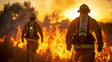 Naklejka premium Two Firefighters Walk Towards a Fiery Wildfire with Courageous Determination, Their Silhouette Emerging From a Wall of Flames and Smoke, a Symbol of Bravery and Resilience in the Face of Adversity.