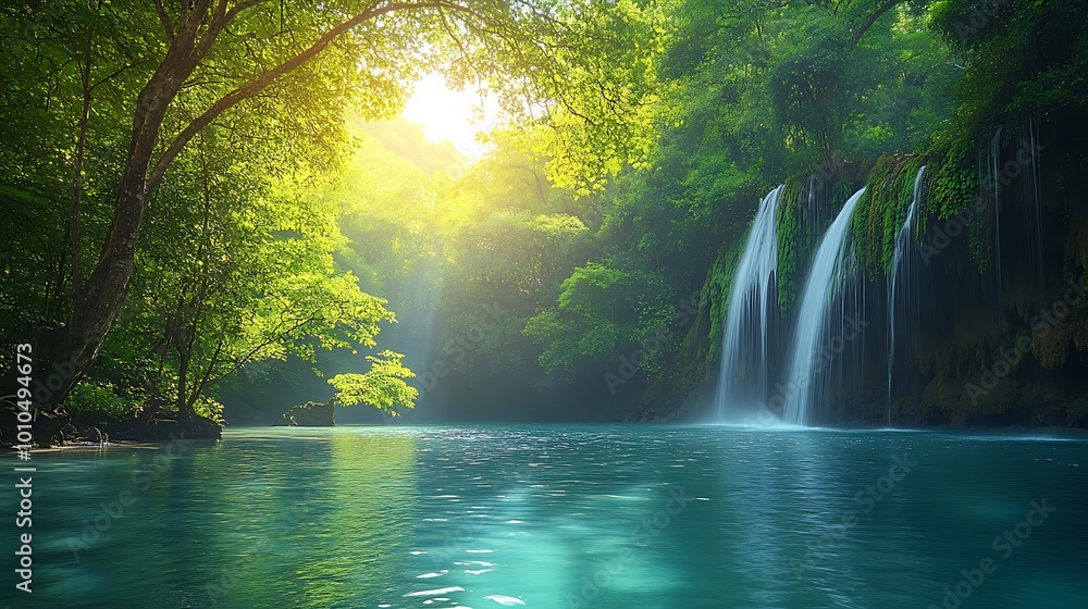 Poster tranquil waterfall cascading into a pristine lake surrounded by lush greenery, sunlight filtering th
