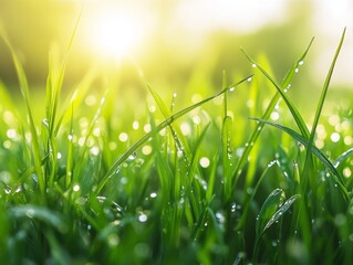 Obraz premium 2408 69.A lush bed of green grass bathed in early morning light, with delicate dew drops clinging to each blade. The scene evokes a peaceful, serene atmosphere, highlighting the freshness and