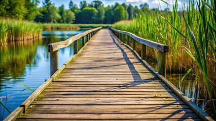Naklejka premium Extreme Close-Up Wooden bridge pier in the reeds of a forest lake