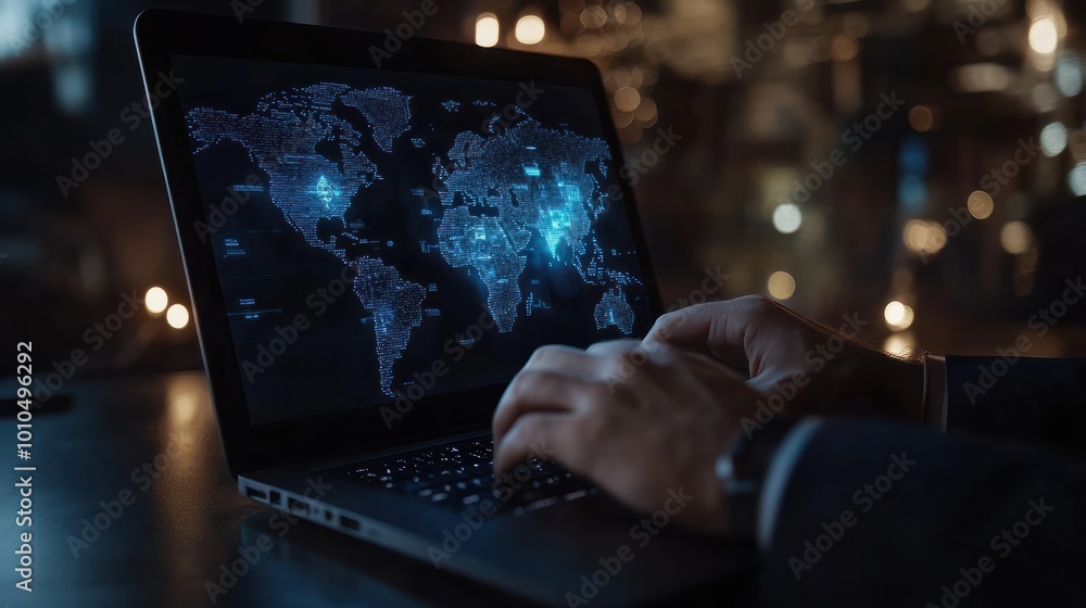 Poster a blue world map on the display screen behind the laptop notebook that the businessman is typing on.