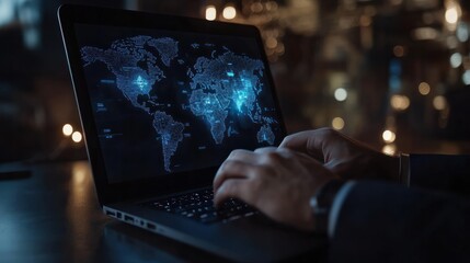 A blue world map on the display screen behind the laptop notebook that the businessman is typing on. Worldwide international communication and connection, global market internet service - Powered by Adobe