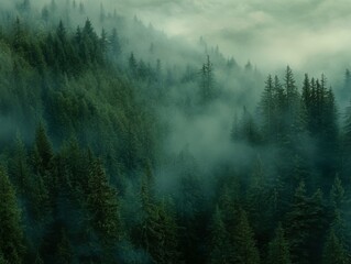 2408 96.A dense forest shrouded in a thick layer of fog, with trees rising high into the misty air. The various shades of green create a peaceful and mystical atmosphere, while the fog adds a layer