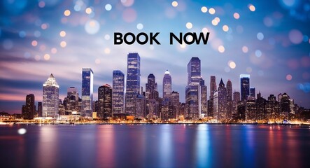 Obraz premium Book now lettering on business concept urban city skyline blurred lights bokeh background
