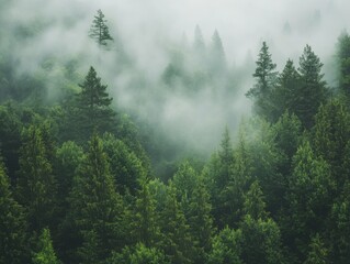 2408 100.A misty forest with tall, lush green trees stretching into the fog. The layers of mist and the deep green foliage combine to create a peaceful, almost magical atmosphere, evoking a sense of