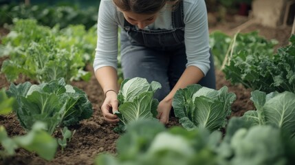 Woman tending to a row of green cabbage plants in a garden.