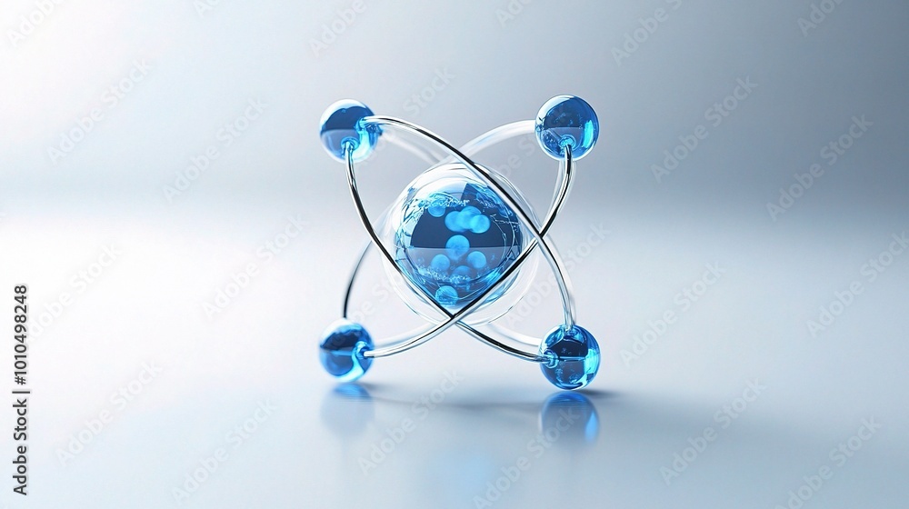 Poster blue atom model on soft background for science concept