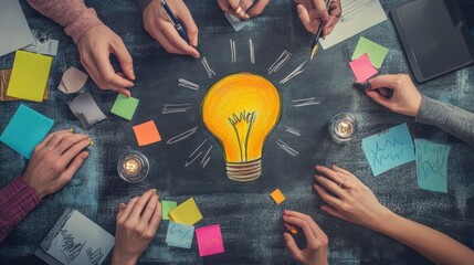 A conceptual photo of a bustling marketing agency brainstorming ideas for a new campaign, symbolizing creativity and collaboration in the competitive world of advertising