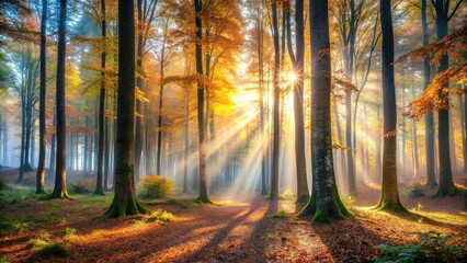 Obraz premium Fairytale autumn forest with mystical sunlight illuminating fog behind tree trunks wide panorama