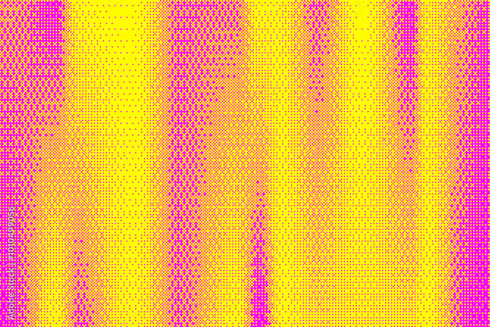 Poster pixel pattern background with bitmap game texture. dotted dither vector pink and yellow gradient bg.