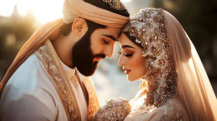 Bridal Couple in Traditional Attire, Embroidered Fabrics, Wedding Day, Romantic Gaze
