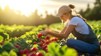 Woman Picking Ripe Strawberries in a Field at Sunset